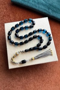 Blue Streaked Fire Amber Tasbih – Handmade with Silver Twisted Tassel