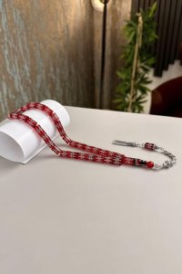 Gece Kızılı Gümüş İşlemeli Sıkma Kehribar Tesbih – El Yapımı, Doğal Taş Tesbih