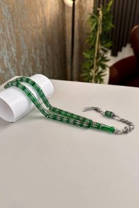 Rolex Yeşili Gümüş İşlemeli Sıkma Kehribar Tesbih - El Yapımı, Doğal Taş Tesbih