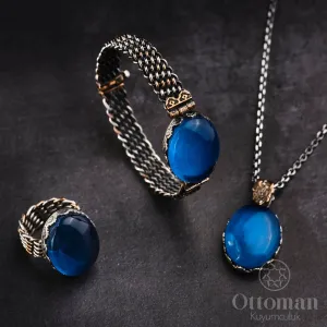 Gümüş Kehribar Taşlı Üçlü Örme Set – 925 Ayar, El Yapımı Özel Tasarım