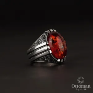 Gümüş takılar ve yüzükler ve aksesuarlar  925 Ayar gümüş  Özel tasarım el sanatı yüzükler ve diğer takılar Kirmizi Kehri̇bar Taşlı Özel Tasarım Gravürlü Gümüş Yüzük