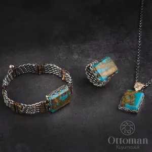 Gümüş takılar ve yüzükler ve aksesuarlar  925 Ayar gümüş  Özel tasarım el sanatı yüzükler ve diğer takılar Fi̇ruze Taşlı Özel Tasarım Örme Üçlü Set