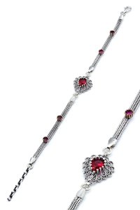 Gümüş takılar ve aksesuarlar - bilezik ve bileklik Damla Modeli Kırmızı Zirkon Taşlı Telkari Gümüş Bileklik 177