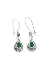 Gümüş takılar ve aksesuarlar - bayan küpeler Damla Modeli Kök Zümrüt Taşlı Telkari Gümüş Küpe 266