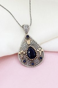 Gümüş takılar ve aksesuarlar - bayan küpeler Kök Safir Taşlı Telkari İşlemeli Gümüş Kolye 464