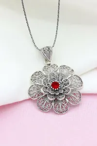 Gümüş takılar ve aksesuarlar - bayan küpeler Kök Yakut Taşlı Telkari İşlemeli Gümüş Kolye 488