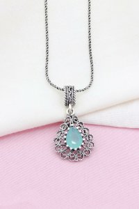 Gümüş takılar ve aksesuarlar - bayan küpeler Turkuaz Taşlı Damla Modeli Telkari Gümüş Kolye 501