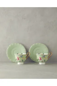 طقم فناجين الشاي English Home Vanilla من نيو بون الصين، طقم مكون من 4 قطع لشخصين باللون الأخضر الفاتح