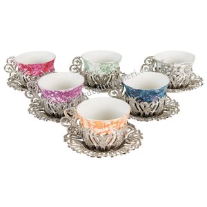 طقم فناجين الشاي والقهوة النحاسي الأصلي، طقم تقديم مكون من ست قطع – لالي – مرمر