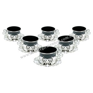 طقم فناجين الشاي والقهوة النحاسي الأصلي، طقم تقديم مكون من ست قطع – مزخرف بالحجارة – أسود