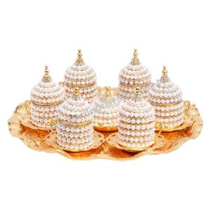 طقم شاي وقهوة نحاسي أصيل. أطقم شاي - قهوة هدايا. طقم قهوة مزخرف بالحجارة – مع لؤلؤ