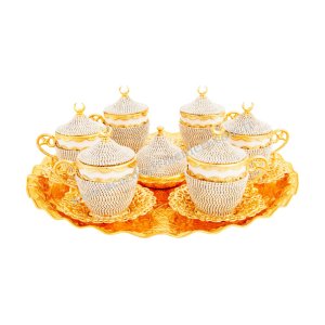 طقم شاي وقهوة نحاسي أصيل. أطقم شاي - قهوة هدايا. طقم نسكافيه مزخرف بالحجارة – ست قطع