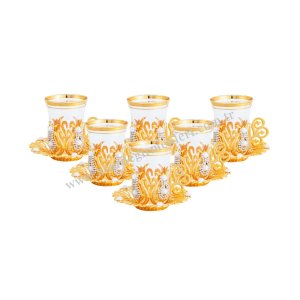 طقم شاي وقهوة نحاسي أصيل. أطقم شاي - قهوة هدايا. طقم شاي ستة قطع مزخرف بالحجارة بدون صينية – عثماني