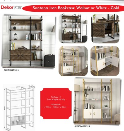 Santana Iron Bookcase Walnut or White - Gold