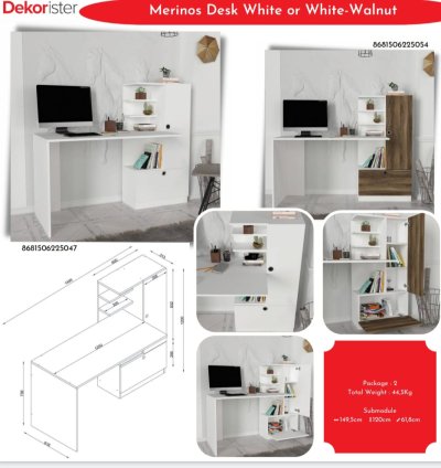 Merinos Desk White or White-Walnut
