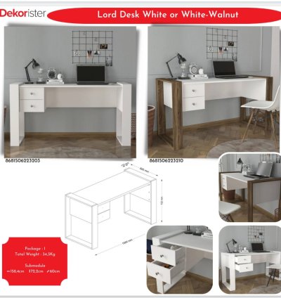 Lord Çalışma Masası Beyaz veya Beyaz-Ceviz