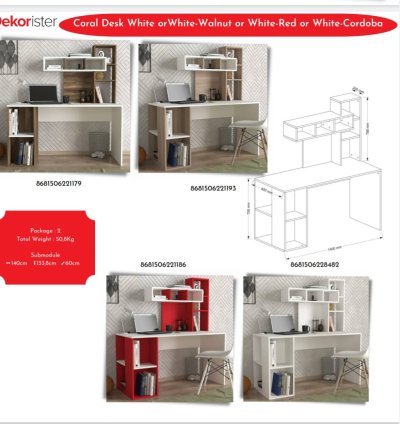 Coral Desk, available in White, White-Walnut, White-Red