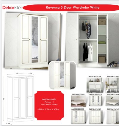 Ravenna 3 Kapılı Gardırop Beyaz
