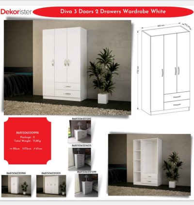 خزانة ملابس ديفا ذات الثلاث أبواب ودرجين