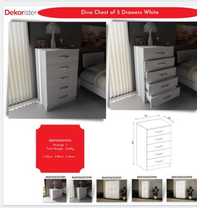 Diva Chest of 5 Drawers White