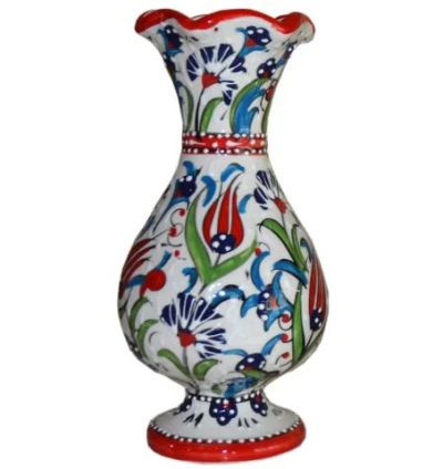 فازة هياسينت سيراميك يدوية من كوتاهيا بطول 25 سم مع نقوش الزهور (التيوليب وقرنفل)