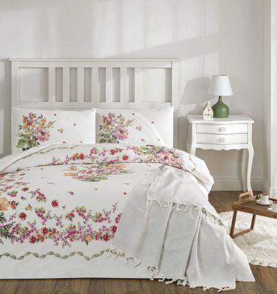 Taç Petunia Ranforce Double Duvet Cover Set with Throw - Pink