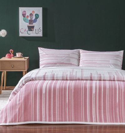 Taç Printed Grid Double Bedspread Set - Pink
