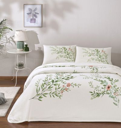 Taç Printed Bloomy Double Bedspread Set - Green